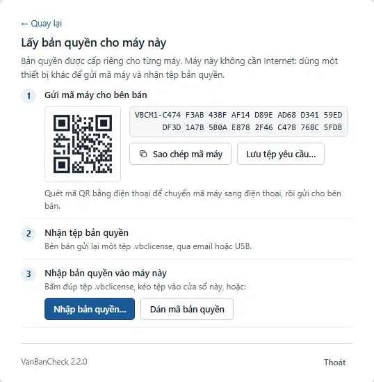 Màn Lấy bản quyền cho máy này trong App: mã QR và mã máy 16 nhóm